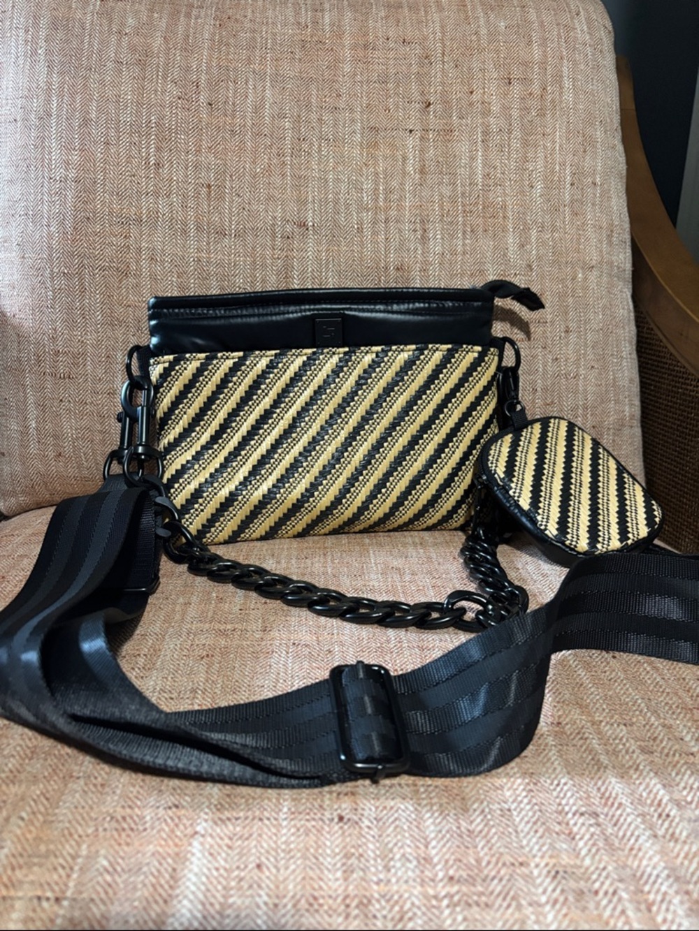 Think Rolyn Raffia/Black Crossbody Bag with Black Fabric Strap and Chain Strap
